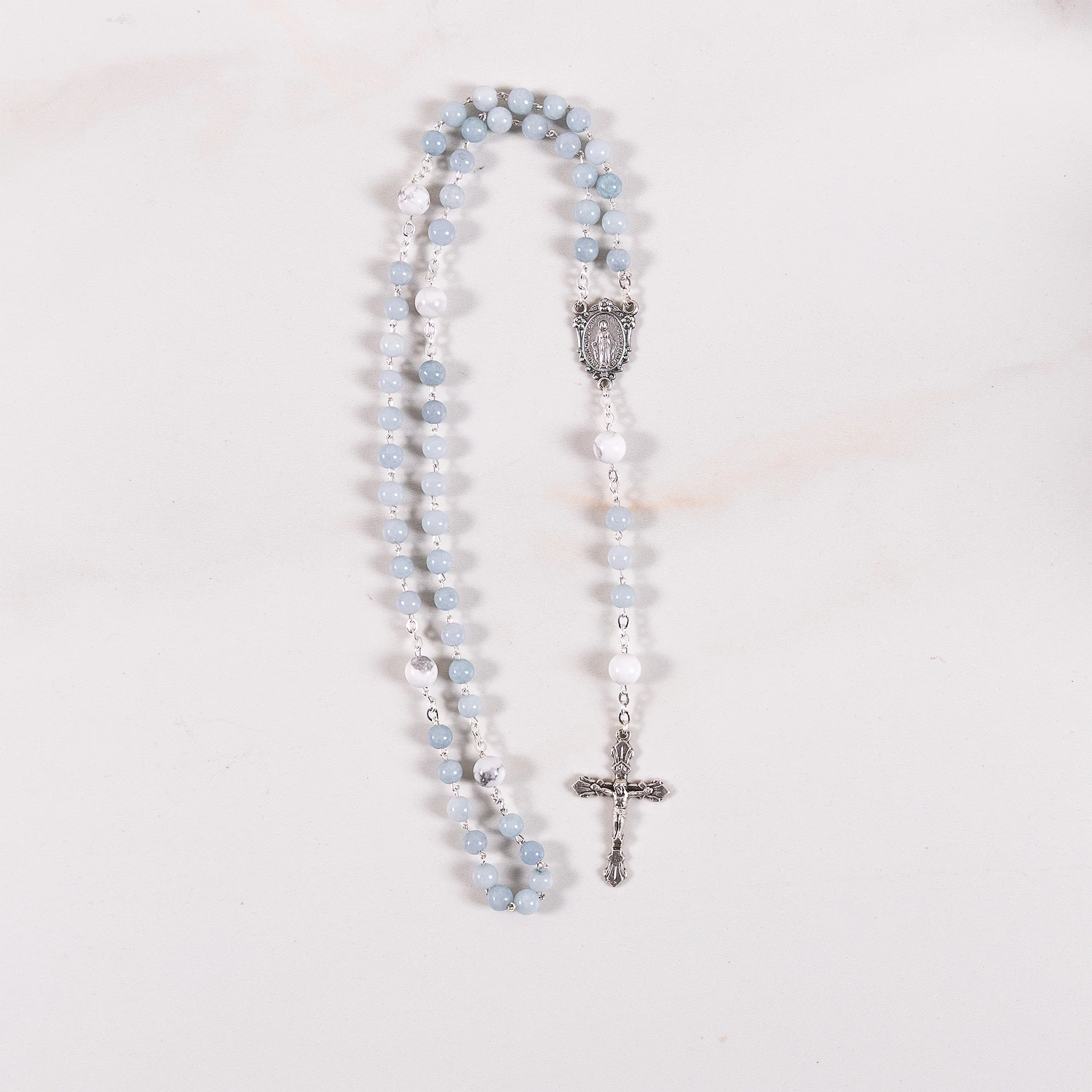 Blue Gray Angelite & Aulite Miraculous Medal Gemstone Rosary - Image 3