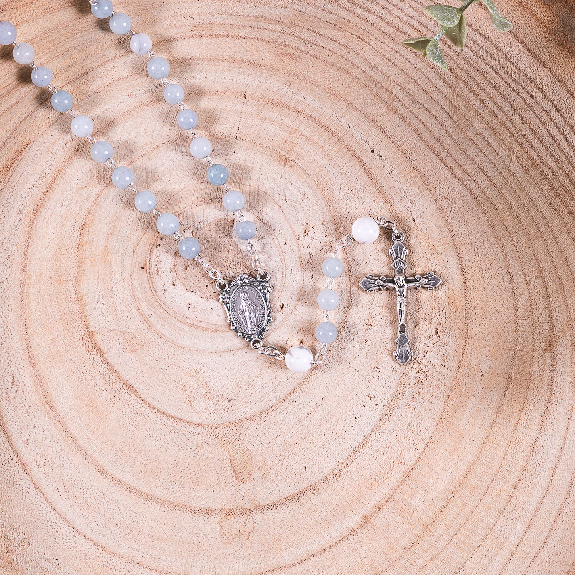 Blue Gray Angelite & Aulite Miraculous Medal Gemstone Rosary - Image 4
