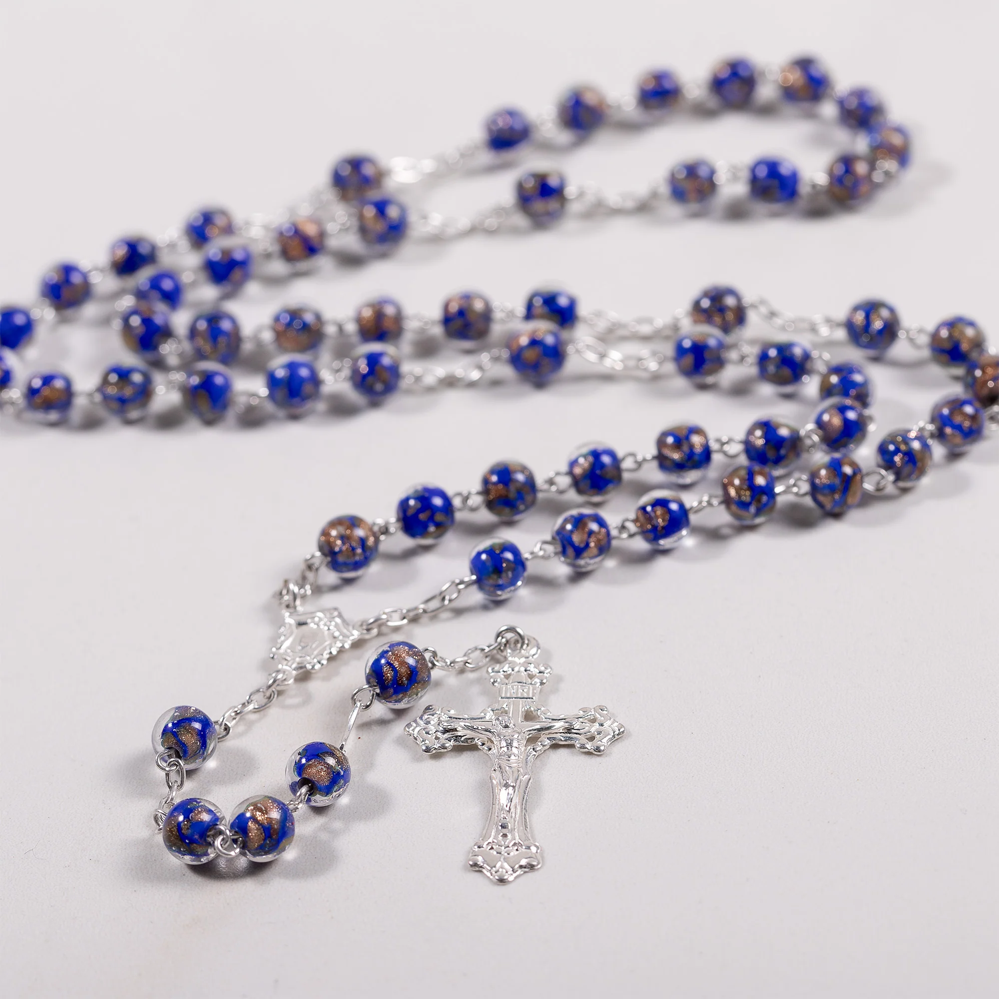 Italian Sterling Blue & Gold Glass Rosary - Image 3