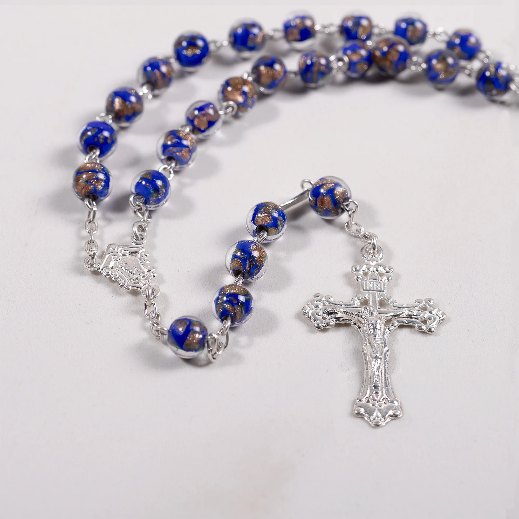 Italian Sterling Blue & Gold Glass Rosary - Image 4