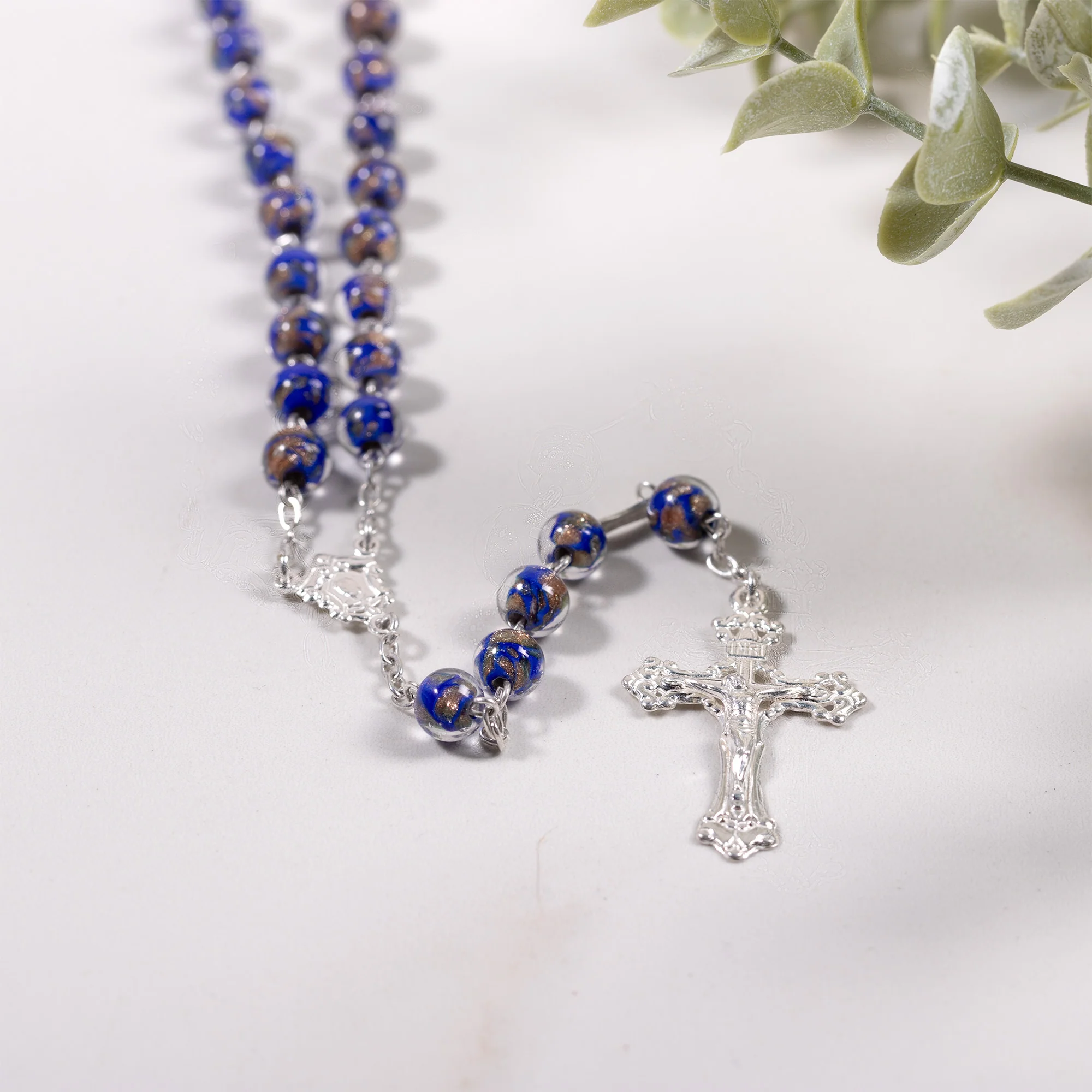 Italian Sterling Blue & Gold Glass Rosary - Image 5
