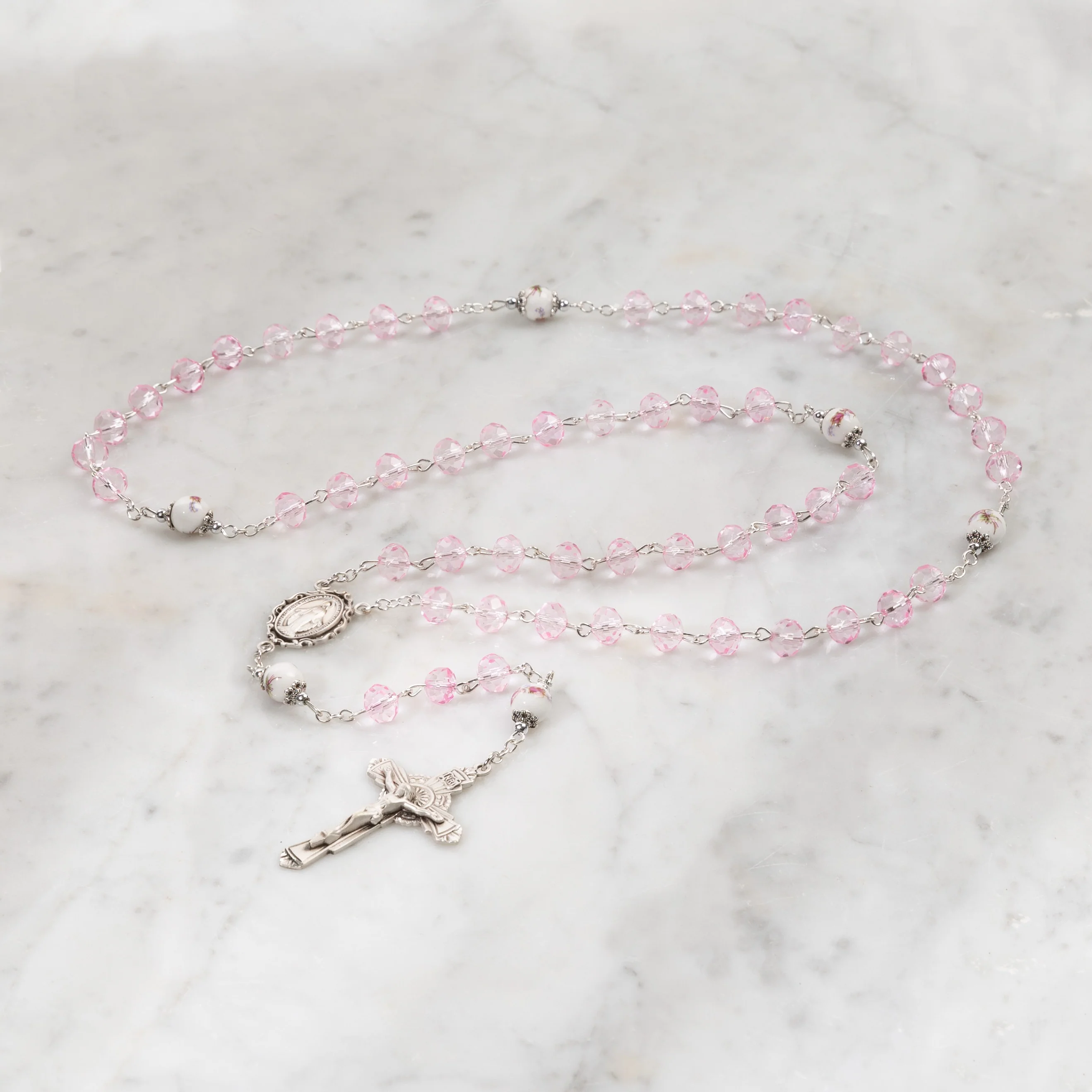 Pink Crystal Sterling Silver Miraculous Medal Rosary - Image 3