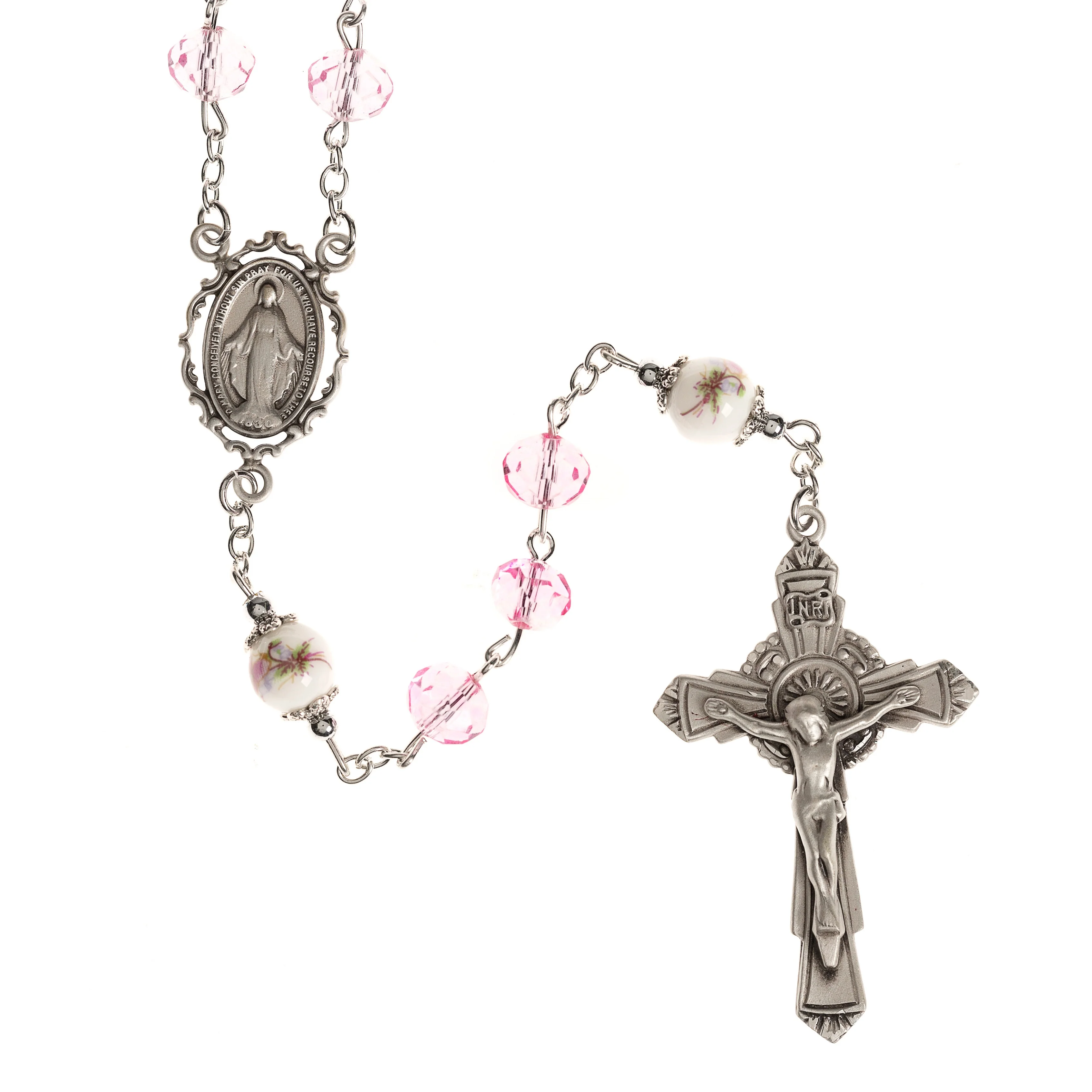Pink Crystal Sterling Silver Miraculous Medal Rosary - Image 4