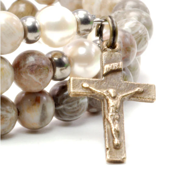 St. Joseph Gray Fossil Coral Full Rosary Wrap Bracelet - Image 3