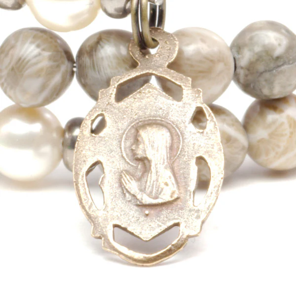 St. Joseph Gray Fossil Coral Full Rosary Wrap Bracelet - Image 4