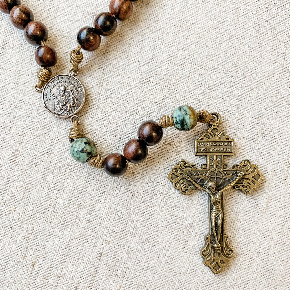 St. Joseph & Two Hearts Wood Bead Corded Rosary - Image 3