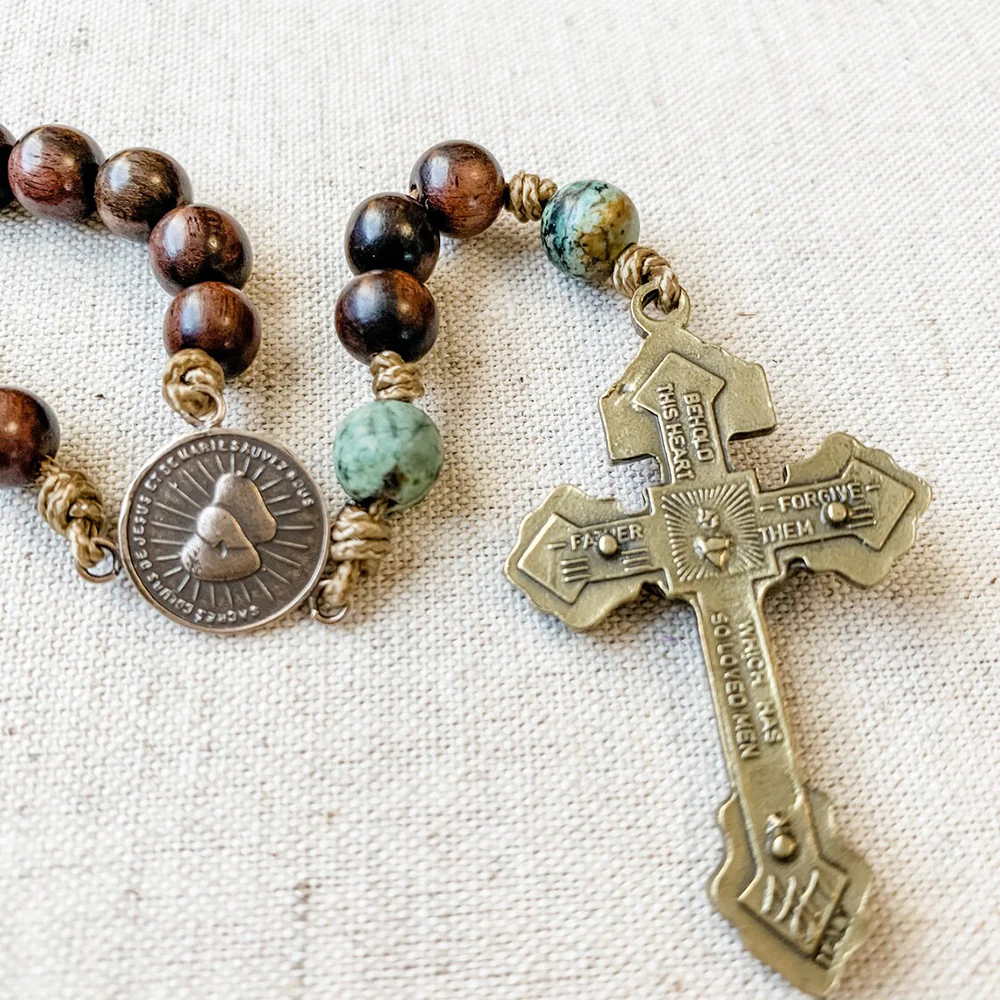 St. Joseph & Two Hearts Wood Bead Corded Rosary - Image 4